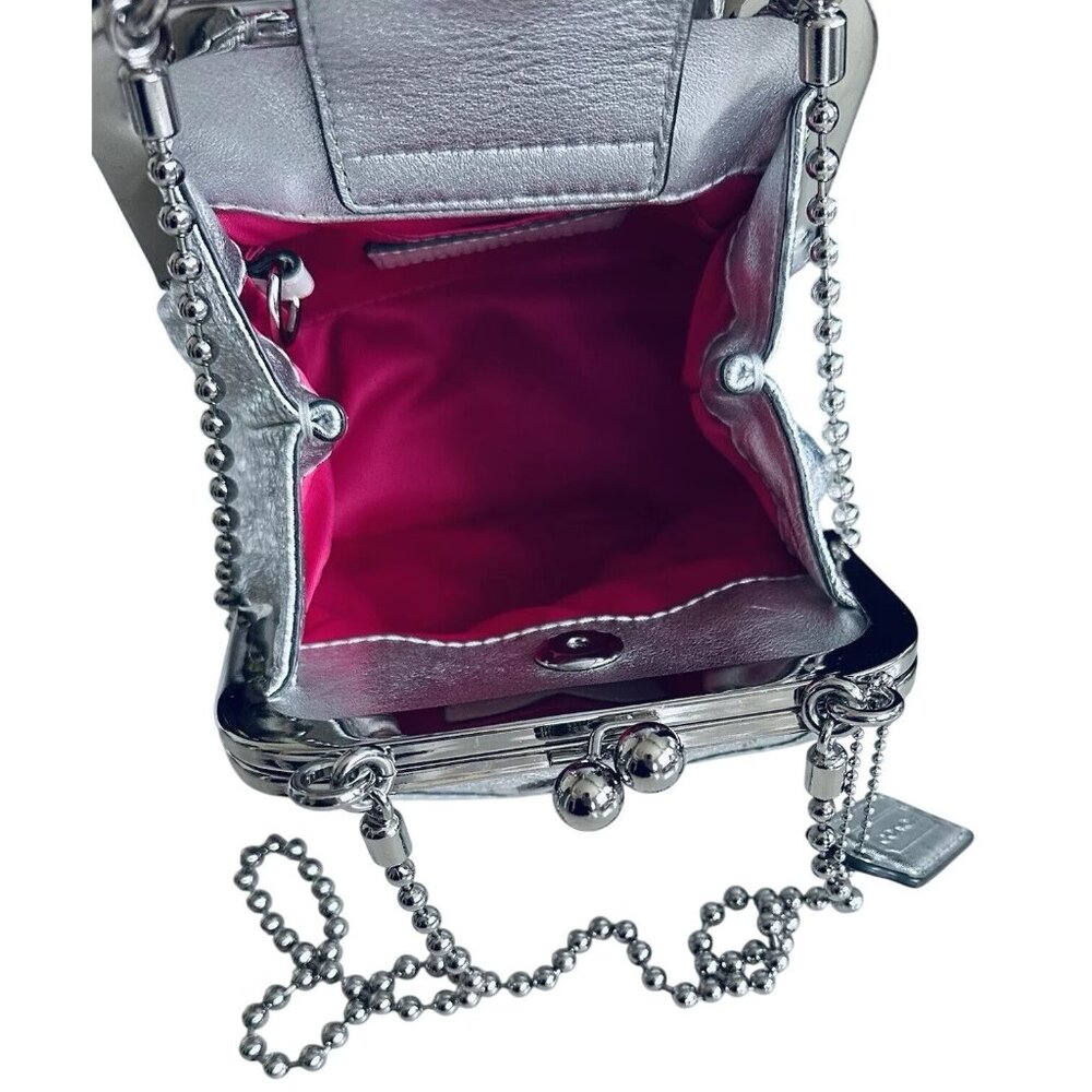 SOLD COACH 2008 Metallic Silver Leather Double Frame Kisslock Ball Chain - Picture 11 of 16